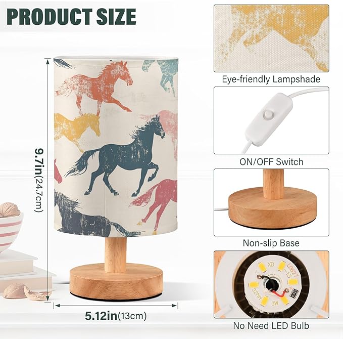 Bedside Table Lamp Vintage Animal Horse Nightstand Lamp with Wood Desk Lamps for Bedroom Living Room Nursery Office Home Decor