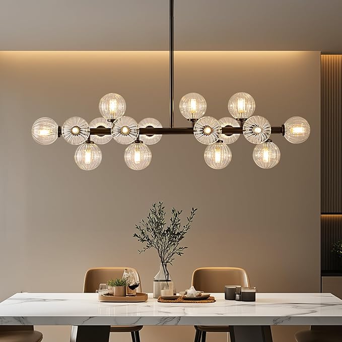 Glass Globe Sputnik Chandelier, 16-Light Mid Century Modern Light Fixture Over Table, Linear Chandeliers for Dining Room, Kitchen Island, Black and Clear Bubble, 40 Inch, GC-02