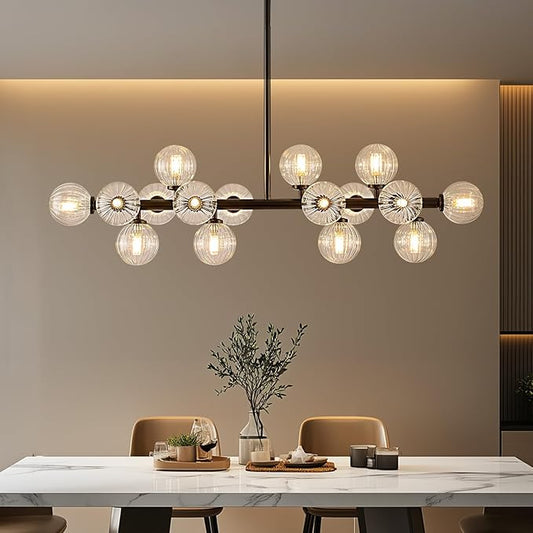 Glass Globe Sputnik Chandelier, 16-Light Mid Century Modern Light Fixture Over Table, Linear Chandeliers for Dining Room, Kitchen Island, Black and Clear Bubble, 40 Inch, GC-02