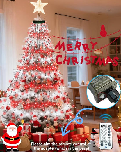 2025 New Christmas Tree Lights Indoor with Voice Control & Remote | 448LED Waterfall Tree Topper Lights with 12 Modes & Timer, 7FT x 16 Lines Cascading Twinkle Lights for 7FT Xmas Decor(Red White)