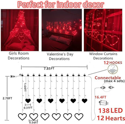 Efunly Valentines Day Decor Lights,138 LED 12-Heart-Shaped String Lights Waterproof,8 Modes Connetable 29V Plug in Curtain Lights for Kids Bedroom Wedding Party Valentines Day Decoration (Red)