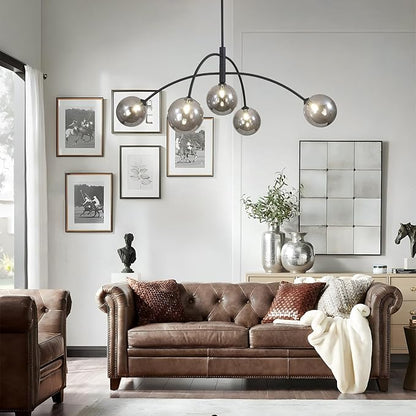 Mid Century Modern Chandelier Black 5 Light Industrial Pendant Light Fixture Vintage Smoke Gray Globe Glass Sputnik Chandeliers for Bedroom Kitchen Living Room Hallway