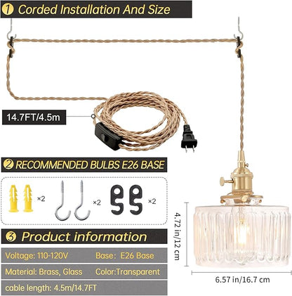 Shenmoyl Plug in Pendant Light Hanging Light Fixtures with Plugin Cord On/Off Switch,Clear Striped Glass Lampshade Brass Pendant Light