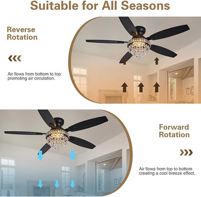 Crystal Ceiling Fan Fandelier with Lights-Ceiling Fans with Lights,54" Low Profile and Remote Control, Flush Mount, Reversible, Dimmable, Noiseless, Black Ceiling Fan for Bedroom