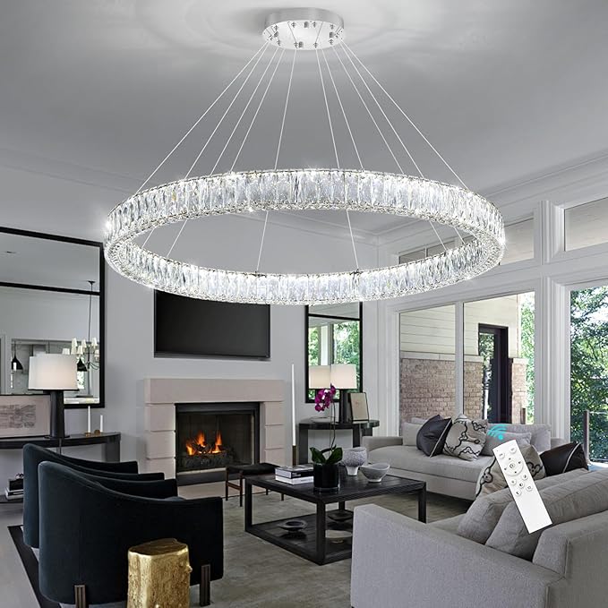 HAIXIANG Modern Crystal Chandelier Dimmable Large Ring LED Pendant Lights Adjustable Glam Chandeliers Lighting Fixtures for Dining Room Living Room Bedroom Silver Light