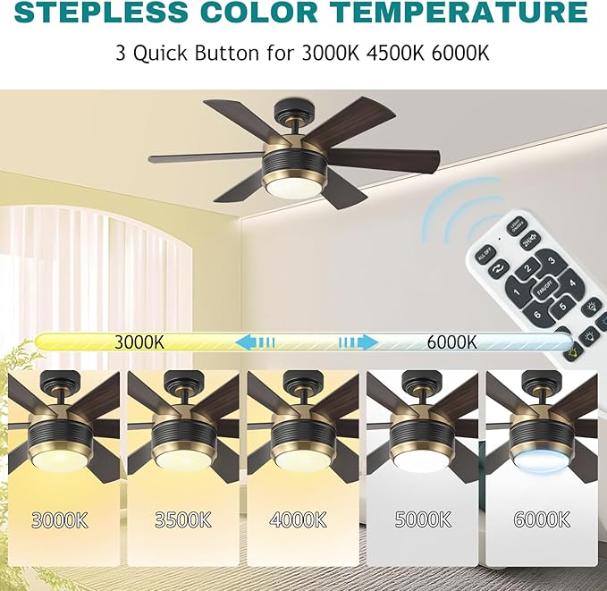 SHOWDI Ceiling Fan with Lights and Remote, 6 Blade App Control Timer Reversible Stepless Brightness and Color Temperature Outdoor Wood Ceiling Fan with Lights (Black-Gold, 42 Inch)