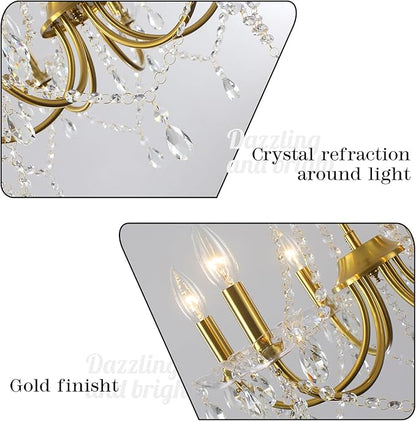 Crystal Gold Chandeliers for Dining Room, Modern Candle Crystal Brass Chandelier Light Fixture, Vintage Pendant Light for Living Room Bedroom Bathroom Entryway Hallway E12 Bulbs D19 in x H24 in