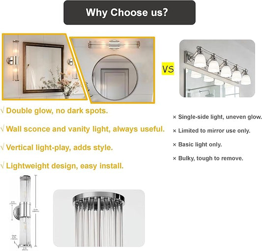 DORESshop Silver Wall Sconce, 19.6” Sconces Lighting, 2-Light Modern Light Fixtures, Bathroom Vanity Light for Living Room, Bedroom, Sconces Wall Decor, 1pack