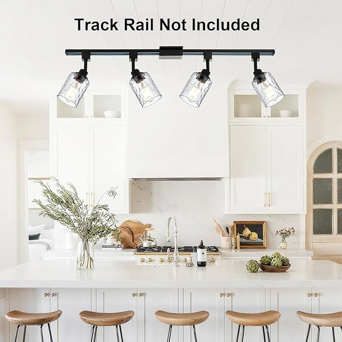 4 Pack H Track Lighting Heads Black Track Lighting Fixtures with Clear Hammered/Water Ripples Glass, H Type Track Lighting Replacement Heads Ceilig Spotlight for Kitchen Accent Retail E26 Base