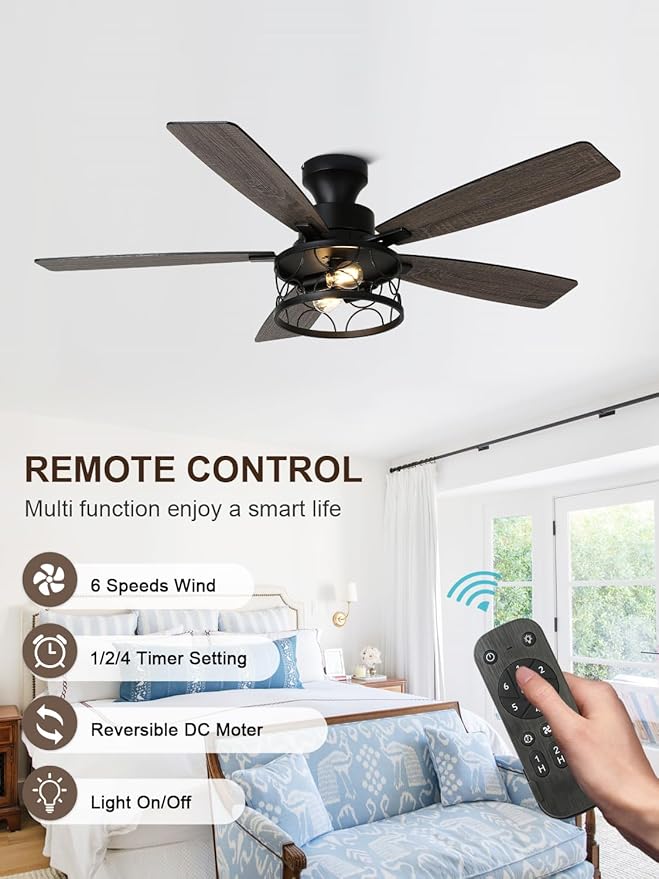 52 Inch Farmhouse Ceiling Fan with Lights Remote Modern Caged Chandelier Fan Rustic Fandelier, 5 Dual Blades, Reversible Quiet DC Motor 6 Speeds for Bedroom Patio (Metal Caged)