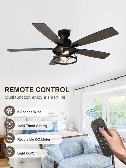 52 Inch Farmhouse Ceiling Fan with Lights Remote Modern Caged Chandelier Fan Rustic Fandelier, 5 Dual Blades, Reversible Quiet DC Motor 6 Speeds for Bedroom Patio (Metal Caged)