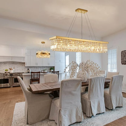 Siljoy Rectangular Gold Crystal Chandelier for Dining Room, 10-Light Modern Rectangle K9 Crystal Raindrop Chandelier, Luxury Dimmable Crystal Ceiling Light for Living Room Kitchen Island L47''