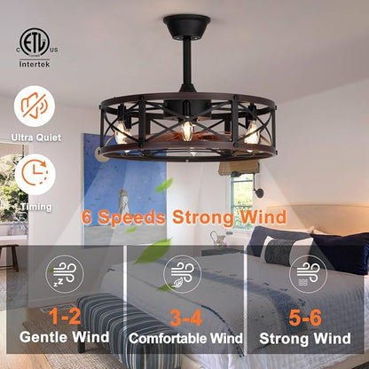 SHLUCE 22" Farmhouse Caged Ceiling Fan with Light, Rustic Fandelier Ceiling Fans with Lights and Remote, Modern Large Caged Bladeless Ceiling Fans with Lights for Kitchen, Bedroom, Brown - ETL