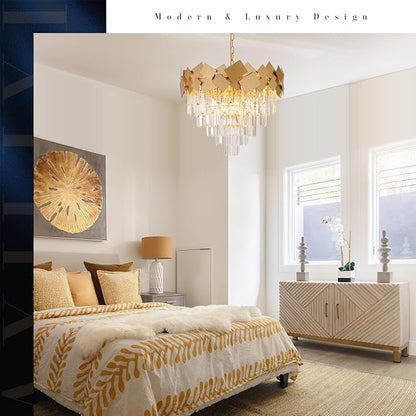 Modern Crystal Chandeliers Dining Room Chandelier over Table Gold Crystal Ceiling Pendant Light 24'' Chandelier k9 Luxury Hanging Lamp Fixtures Round Chandelier for Entryway Foyer Dining Room Bedroom