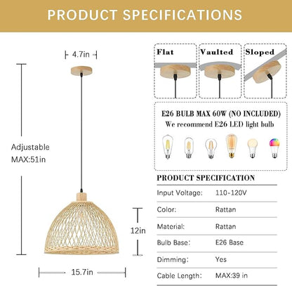 Hand-Woven Rattan Pendant Light, 16 Inch Boho Wicker Lights Fixture Wite Adjustable Cable, Coastal Hanging Lighting for Kitchen Island Dining Room Living Room Entrance Foyer