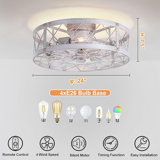 24" Flush Mount White Caged Ceiling Fans with Lights, Rustic Low Profile Ceiling Fan with Light and Remote, Quiet Reversible DC Motor Bladeless Enclosed Ceiling Fan for Bedroom Kitchen Farmhouse