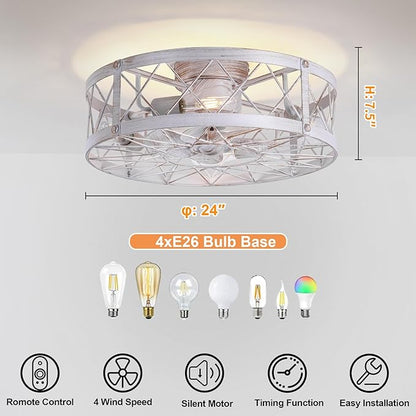 24" Flush Mount White Caged Ceiling Fans with Lights, Rustic Low Profile Ceiling Fan with Light and Remote, Quiet Reversible DC Motor Bladeless Enclosed Ceiling Fan for Bedroom Kitchen Farmhouse