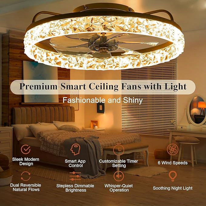 DIAMONDFORGE Ceiling Fans with Remote and Lights Fandelier - Modern Low Profile - 20'' Flush Mount Ceiling Fans for Bedroom,6 Speeds and Stepless Color Temperature- Crystal and Black