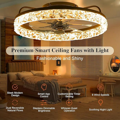 DIAMONDFORGE Ceiling Fans with Remote and Lights Fandelier - Modern Low Profile - 20'' Flush Mount Ceiling Fans for Bedroom,6 Speeds and Stepless Color Temperature- Crystal and Black