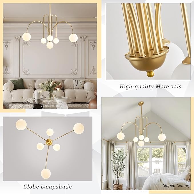 CATINER Gold Sputnik Chandelier,6 Lights Large Modern Chandelier L40”Mid Century Long Ceiling Pendant Light Fixtures for Dining Room with Milk Glass Globe Shades for High Ceiling Foyer Living Room