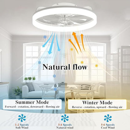 Ceiling Fans with Lights and Remote Fandelier - White 20'' Flush Mount Low Profile Modern Ceiling Fans for Bedroom - Stepless Color Temperature and 6 Speeds, White