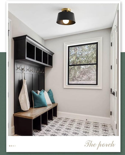 Modern Semi Flush Mount Ceiling Light with Gold Plate and Matte Black Shade, Farmhouse Ceiling Light Fixture for Kitchen Island Dining Room Foyer Hallway Porch Barn Loft，10in (Black 3 Pack)