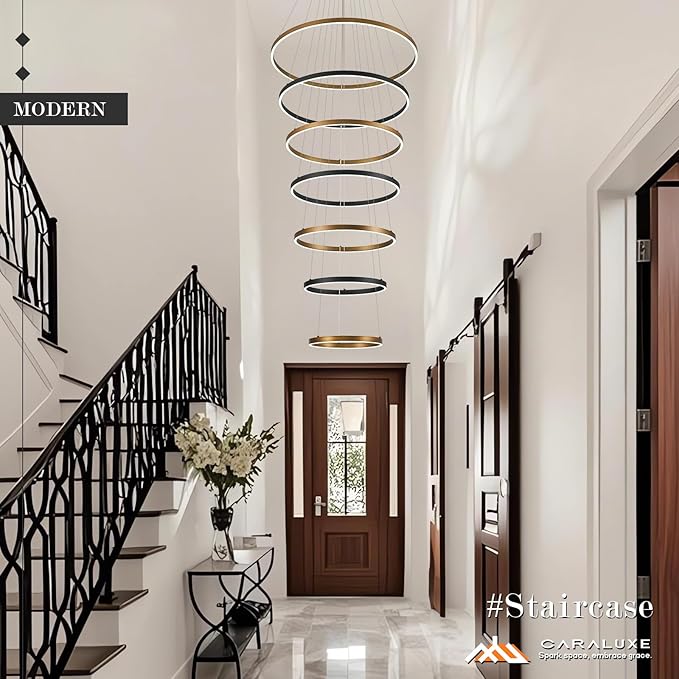 7 Ring LED Chandelier Black Gold Chandelier Large Dimmable Circular Chandeliers Light High Ceiling Round Chandeliers for Foyer Staircase Living Room 31in