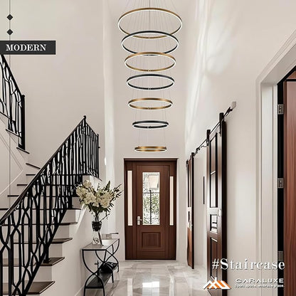 7 Ring LED Chandelier Black Gold Chandelier Large Dimmable Circular Chandeliers Light High Ceiling Round Chandeliers for Foyer Staircase Living Room 31in