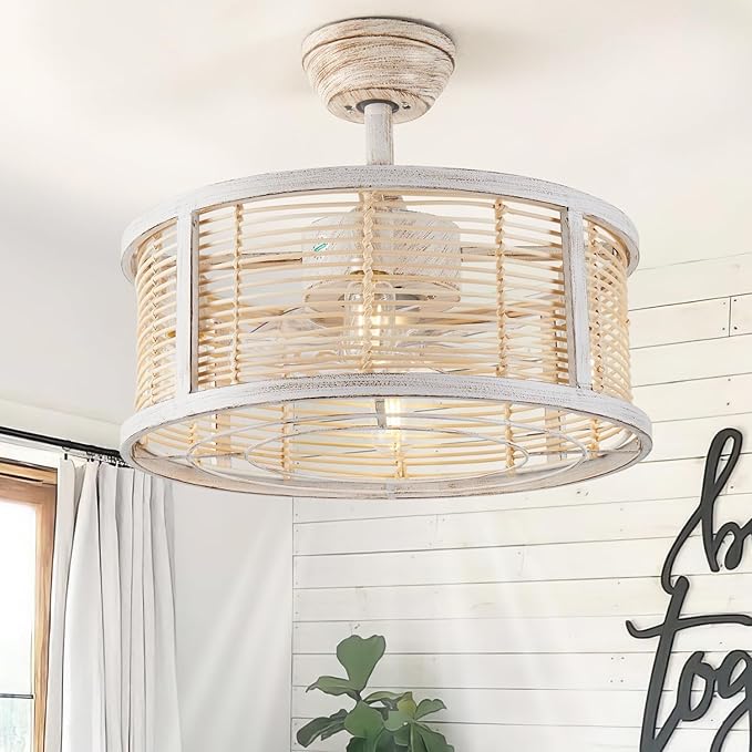 ainqiant 20 Inch Rattan Caged Ceiling Fan with Light, Boho White Fandelier Ceiling Fan with Lights and Remote, Enclosed 6 Speed for Bedroom Kitchen Dining Room