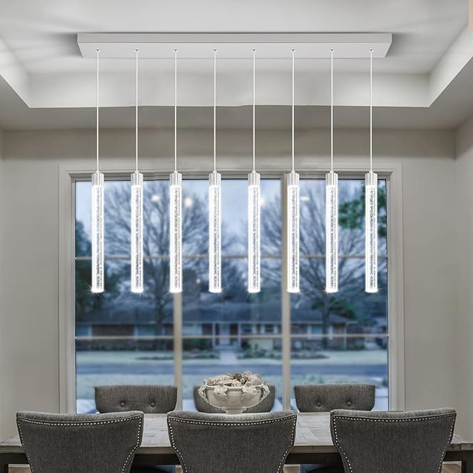 Modern LED Dimmable Crystal Column Chandelier Living Room Rectangular Crystal Chandelier Pendant Light for Dining Room Adjustable Height 8-Light Silver