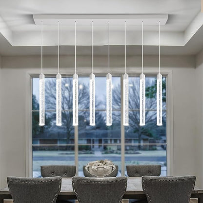 Modern LED Dimmable Crystal Column Chandelier Living Room Rectangular Crystal Chandelier Pendant Light for Dining Room Adjustable Height 8-Light Silver