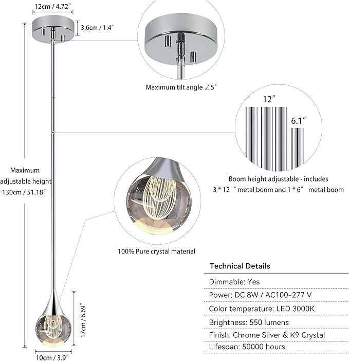 1-Pendant Lights Kitchen Island, Silver Globe Crystal Ceiling Hanging Light Fxitures, LED Raindrop Light Fixtures Metal Rod Ceiling Glass Pendant Lighting for Kitchen Island Dining Room Bar