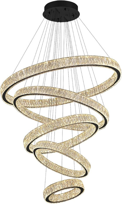 Modern 5 Ring Chandeliers for High Ceiling Foyer,Luxury Dimmable Crystal Ceiling Light Fixtures Staircase Entrance Villa Large Black Chandelier D8''+15.7"+23.6"+31.5"+39.4"