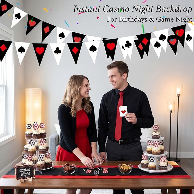 HESTYA 5 Pcs 49 Ft Casino Party Decorations Pennant Banner, Vegas Triangle Flags Garland, Poker Night Bunting with Playing Card Suits, Pre-Strung Paper for Birthday, Casino Night, Blackjack Decor