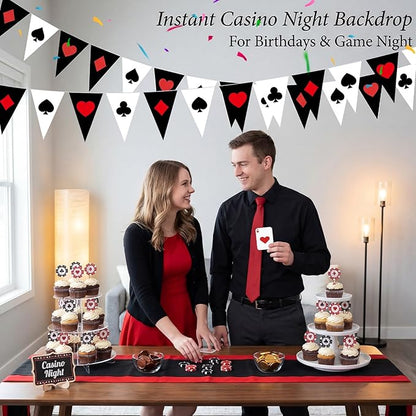 HESTYA 5 Pcs 49 Ft Casino Party Decorations Pennant Banner, Vegas Triangle Flags Garland, Poker Night Bunting with Playing Card Suits, Pre-Strung Paper for Birthday, Casino Night, Blackjack Decor