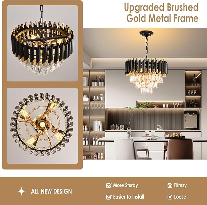 Modern Crystal Chandelier Black and Gold Chandelier 3-Tier Round Chandeliers Pendant Ceiling Light Fixture Flush Mount Chandelier for Dining Room Living Room Bedroom Foyer Hallway Entryway W16"