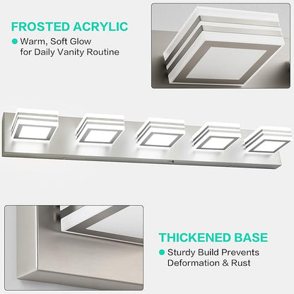 SOLFART LED Bathroom Lighting Fixtures - 5 Lights Modern Brushed Nickel Acrylic Vanity Lights for Mirror 32inch 24W 5CCT