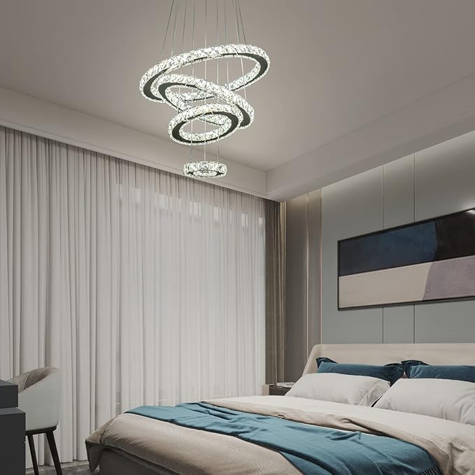 Modern Crystal Chandelier, Dimmable 4 Rings LED Linear Chandelier Dining Room Light Fixture with Remote for Entryway, Bedroom,Living Room and Foyer