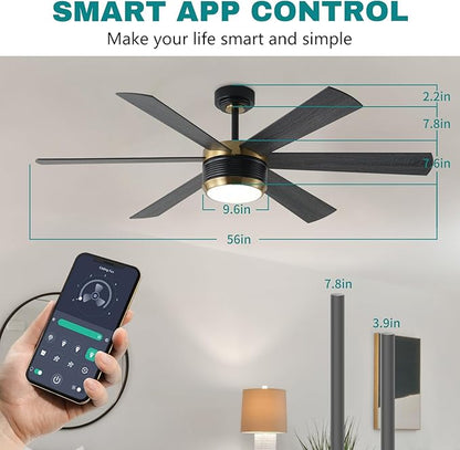 SHOWDI Ceiling Fan with Lights and Remote, 6 Blade App Control Timer Reversible Stepless Brightness and Color Temperature Outdoor Wood Ceiling Fan with Lights (Black-Gold, 56 Inch)