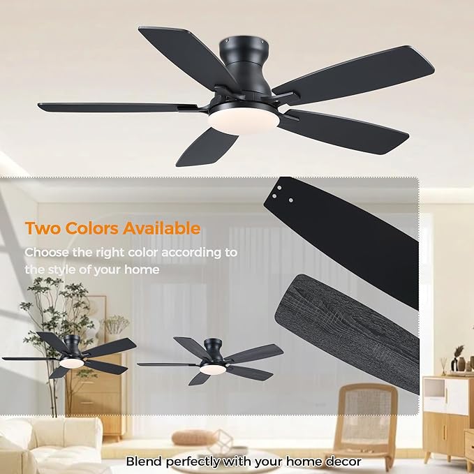 JSAITEE Ceiling Fans with Lights Flush Mount - 46" Low Profile Ceiling Fan with 5 Dual-Sided Blades and 6 Speeds 3CCT Dimmable, Modern Indoor Fan Light Fixtures for Bedroom, Kitchen, Black