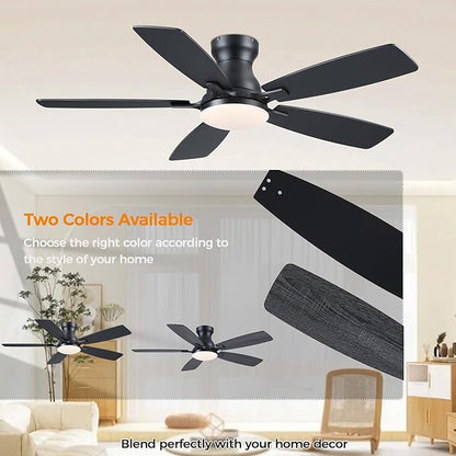 JSAITEE Ceiling Fans with Lights Flush Mount - 46" Low Profile Ceiling Fan with 5 Dual-Sided Blades and 6 Speeds 3CCT Dimmable, Modern Indoor Fan Light Fixtures for Bedroom, Kitchen, Black