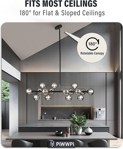 Glass Globe Sputnik Chandelier, 16-Light Mid Century Modern Light Fixture Over Table, Linear Chandeliers for Dining Room, Kitchen Island, Black and Smoke Grey Bubble, 40 Inch, GC-02
