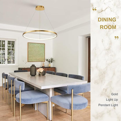 Brushed Gold LED Ring Chandelier 1-Ring 24" Remote Control Dimmable Flush Mount Pendant Chandelier for Dinning Room Office Kitchen Living Room,3000-6500K