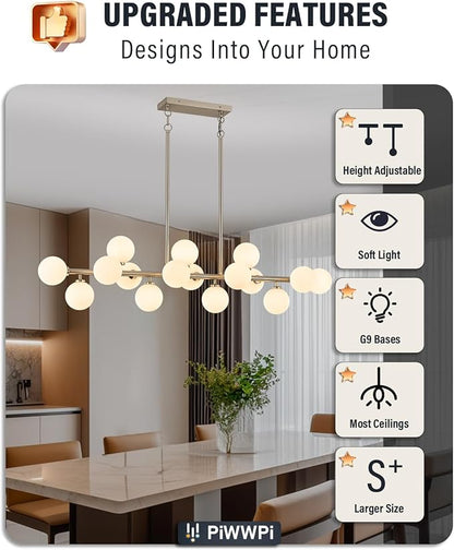55" Long Chandeliers for Dining Room Kitchen Island, Large Globe Sputnik Linear Chandelier, 16 Lights Mid Century Modern Light Fixture Over Table,Nickel and Milk White Bubble, GC-08