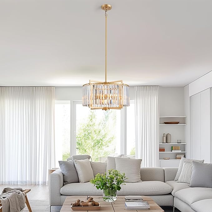 Modern Drum Crystal Chandelier for Dining Room, 20" Round Rustic 5-Light Gold Pendant Lightting Fixture for Living Room Kitchen Island Bedroom Hallway Foyer