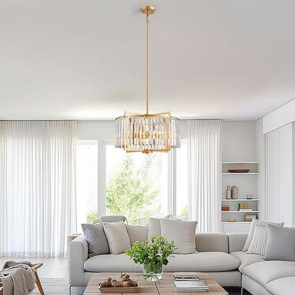 Modern Drum Crystal Chandelier for Dining Room, 20" Round Rustic 5-Light Gold Pendant Lightting Fixture for Living Room Kitchen Island Bedroom Hallway Foyer