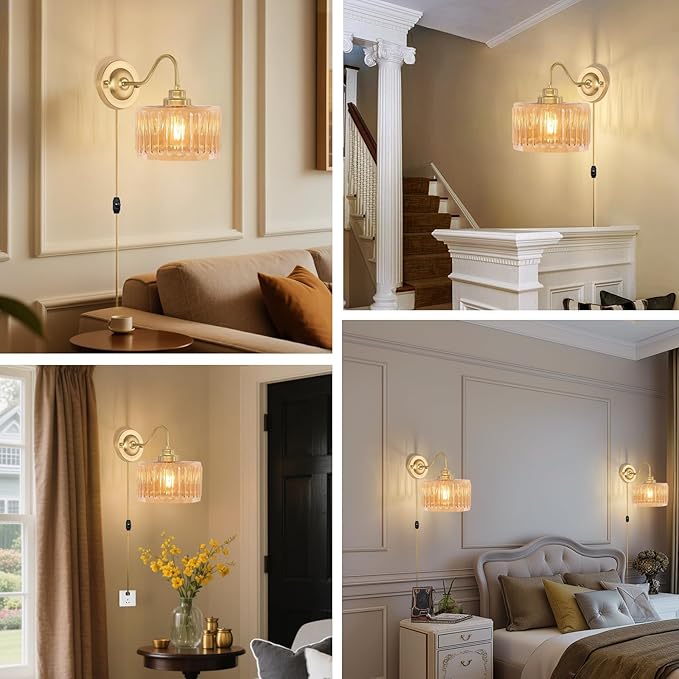 ZECOXOL Vintage Plug in Wall Sconces,Dimmable Wall Sconces of Two,Wall Lamps with Plug in Cord & Flower Glass Lampshade,Gold Sconces Wall Decor Set of 2 Wall Lights Sconces for Bedroom