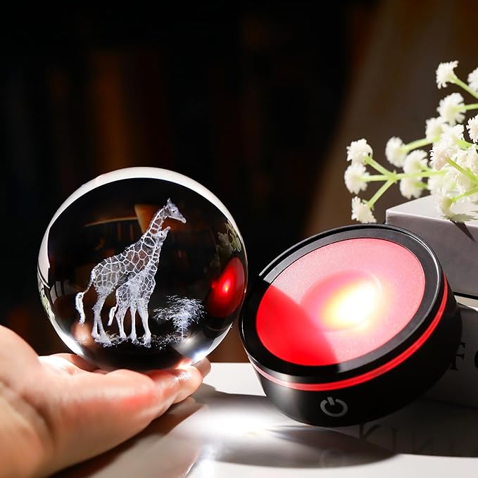 YWHL 3D Giraffe Crystal Ball Figurine with Colorful Light Base, Giraffes Gifts for Women Men on Birthday Christmas, Laser Engraved Giraffes Statue Glass Animal Decorative Ball for Home Decor (80mm)