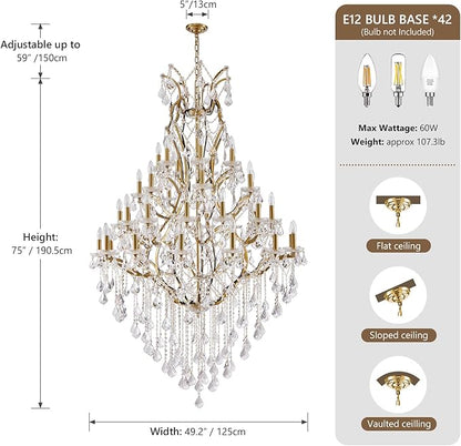 42 Lights Large Crystal Chandeliers for High Ceilings Brass Maria Theresa Chandelier Light Fixture Modern Chandelier for Foyer Hallway Entryway Staircase 75" H x 49.2" D