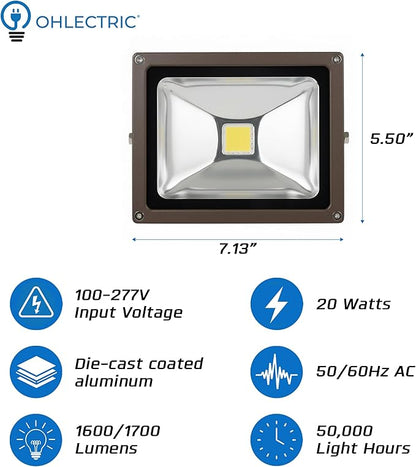 OHLECTRIC 20W LED Flood Light Outdoor, 1600/1700 Lumens 3500/4500K, 106º (180º tilt) IP65 Waterproof Outdoor Security Lighting Fixture, 100-277V AC, COB LED, Die-Cast Aluminum Adjustable Mount